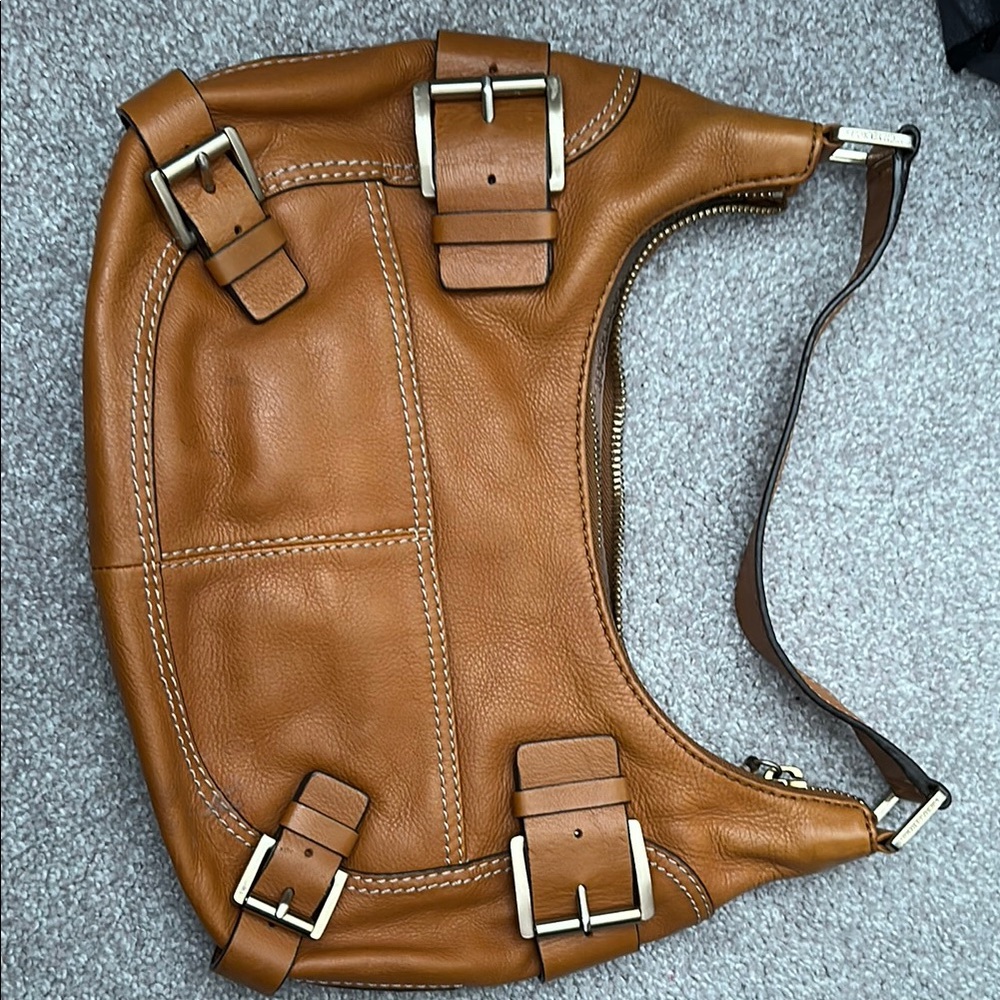 Brown Leather Shoulder Bag with Buckle Accents